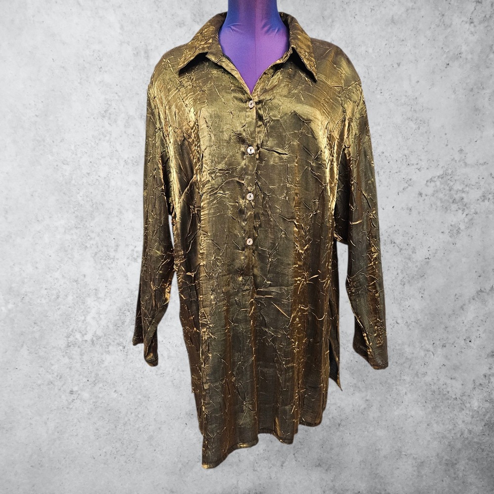 Vintage Democracy Womens 2X Metallic Gold Crinkle Shimmer 1/2 Button Henley F8
